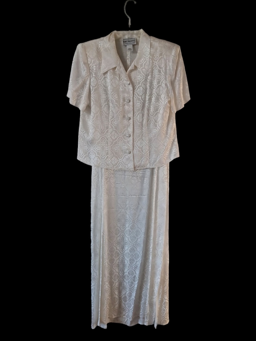 Vintage Karin Stevens Maxi Slip Dress and Jacket Cream White Jacquard Size 10